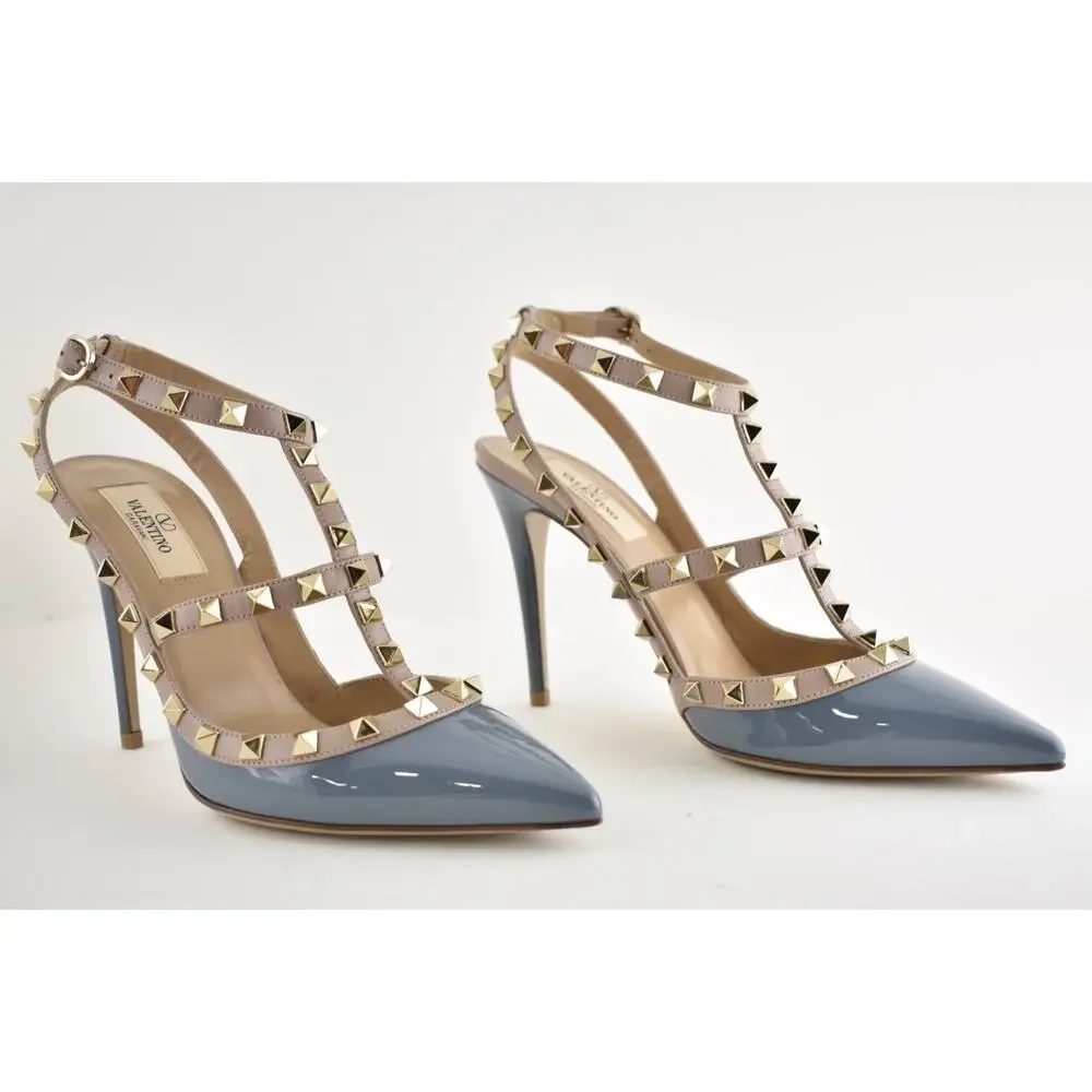 Valentino Rockstud 100mm Grey Blue Patent Poudre Nude Ankle Strap Heel Pump 36.5